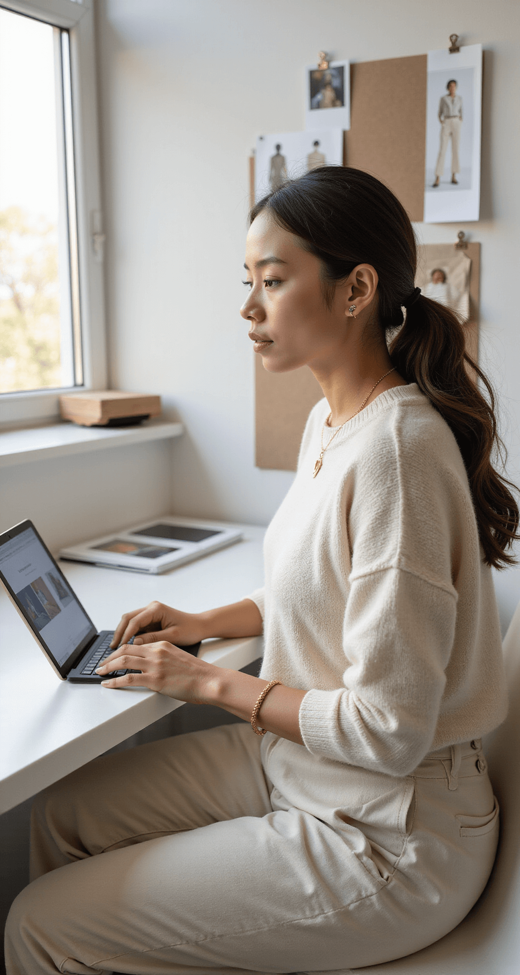 The Ultimate Guide to Rocking Roblox Crop Top Shirts: Create, Style, and Stand Out A young female designer in a cream cashmere sweater and high-waisted linen pants sits at a sleek white desk in a sunlit minimalist design studio, working on a Roblox crop top design on her tablet. Floor-to-ceiling windows illuminate mood boards and fabric swatches on a clean white wall.