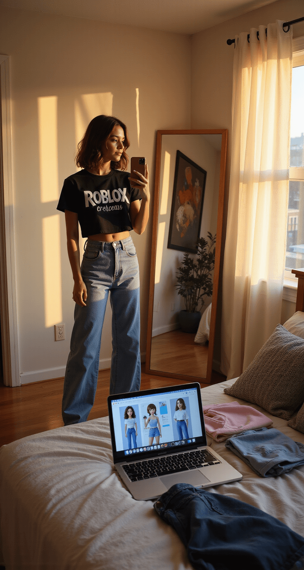 The Ultimate Guide to Rocking Roblox Crop Top Shirts: Create, Style, and Stand Out A fashion-conscious teen creator stands before a full-length mirror in a modern bedroom illuminated by golden hour light, holding her phone. She wears a trendy Roblox-inspired outfit, featuring a cropped graphic tee and high-waisted mom jeans. An open laptop on a desk displays Roblox avatar designs, while her neatly made bed showcases laid out clothing options, all captured in a wide-angle shot that highlights the room's aesthetic details.