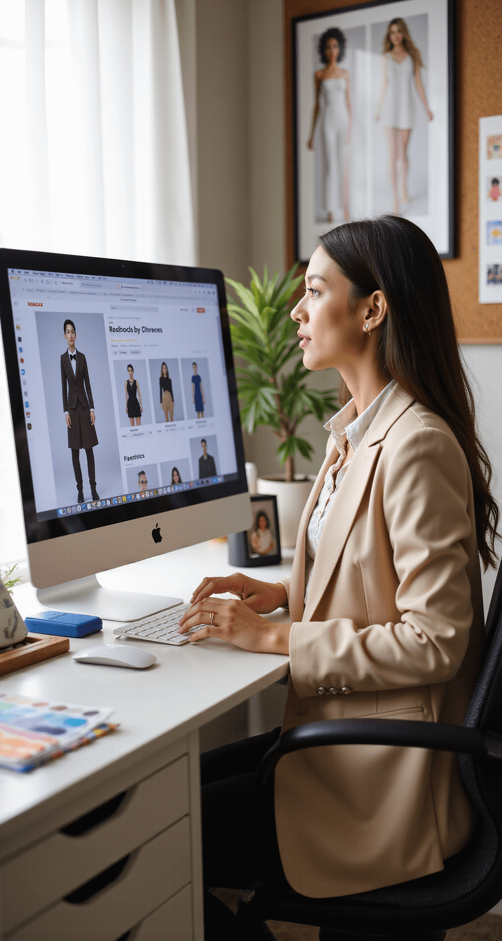 The Ultimate Guide to Rocking Roblox Crop Top Shirts: Create, Style, and Stand Out A stylish female content creator in a silk button-down and tailored blazer reviews Roblox templates on a large iMac in a bright, airy home office. The desk is organized with design tools, color swatches, and a cork board filled with fashion trends, illuminated by soft morning light filtering through sheer curtains.