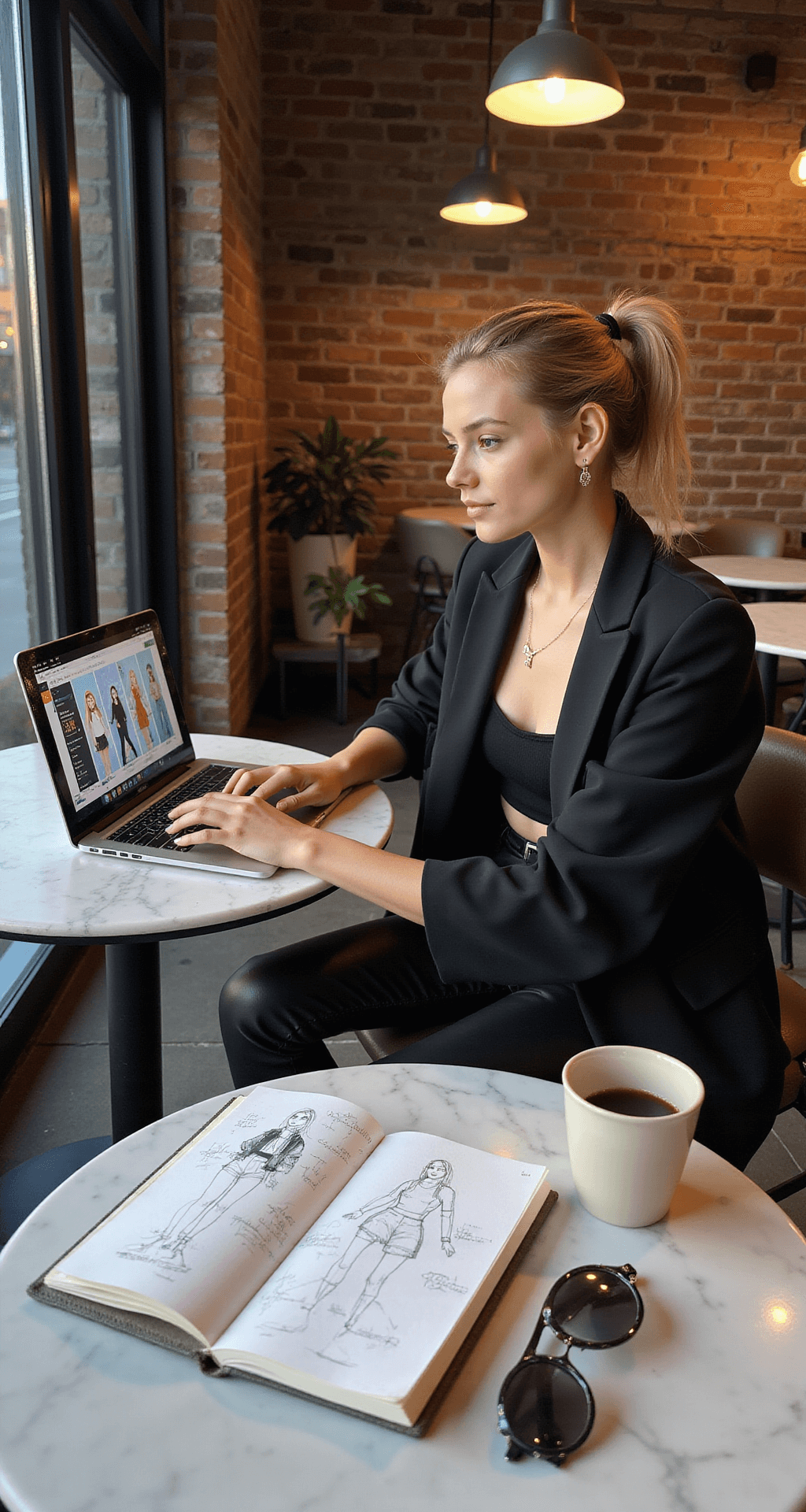 The Ultimate Guide to Rocking Roblox Crop Top Shirts: Create, Style, and Stand Out A young designer in an oversized blazer and leather pants works on her laptop in a stylish urban coffee shop with exposed brick walls, surrounded by a marble table featuring a sketchbook, coffee cup, and trendy accessories, all illuminated by warm lighting during blue hour.