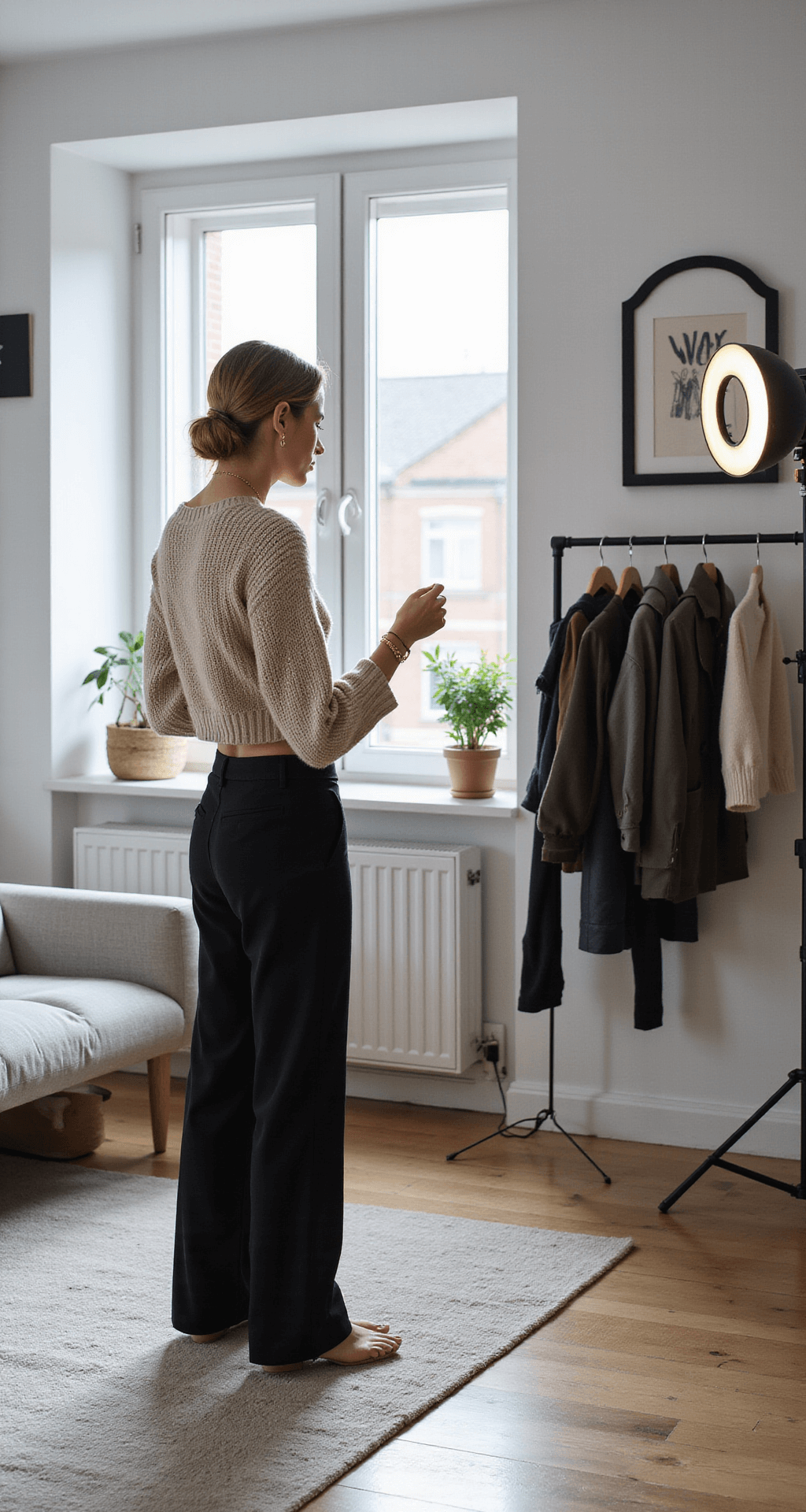 The Ultimate Guide to Rocking Roblox Crop Top Shirts: Create, Style, and Stand Out A fashion influencer in a knit crop sweater and wide-leg trousers records a Roblox style tutorial in a clean, contemporary living space with Scandinavian design. The setup features ring lights, a professional camera, and a clothing rack, illuminated by natural daylight and soft artificial lighting.