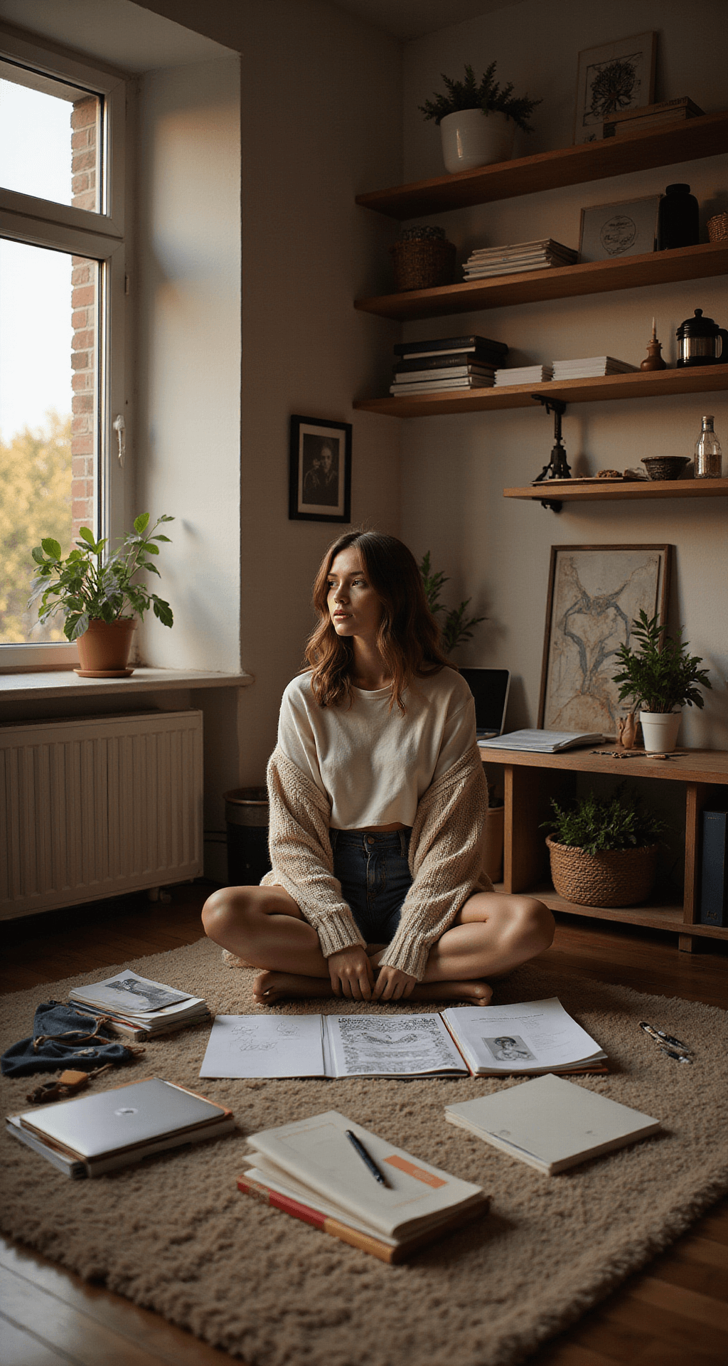 The Ultimate Guide to Rocking Roblox Crop Top Shirts: Create, Style, and Stand Out A young designer sits cross-legged on a plush rug in a cozy home studio, surrounded by fabric swatches, sketching tablets, and fashion magazines, wearing an oversized vintage tee, bike shorts, and a chunky knit cardigan. The evening golden light streams through the window, enhancing the intimate atmosphere, while floating shelves display creative accents. The shot is taken from above, showcasing the artistic workspace layout.