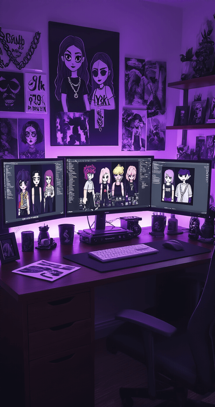 Emo Roblox T-Shirts: Your Ultimate Guide to Virtual Alt Fashion A moody studio workspace of a digital fashion influencer featuring a dark mahogany desk with a sleek laptop showing Roblox avatar designs, multiple monitors displaying emo t-shirt templates, ambient purple LED lighting, and mood boards with Y2K aesthetics and gothic elements, surrounded by fashion sketches, a drawing tablet, and alternative-style reference photos.