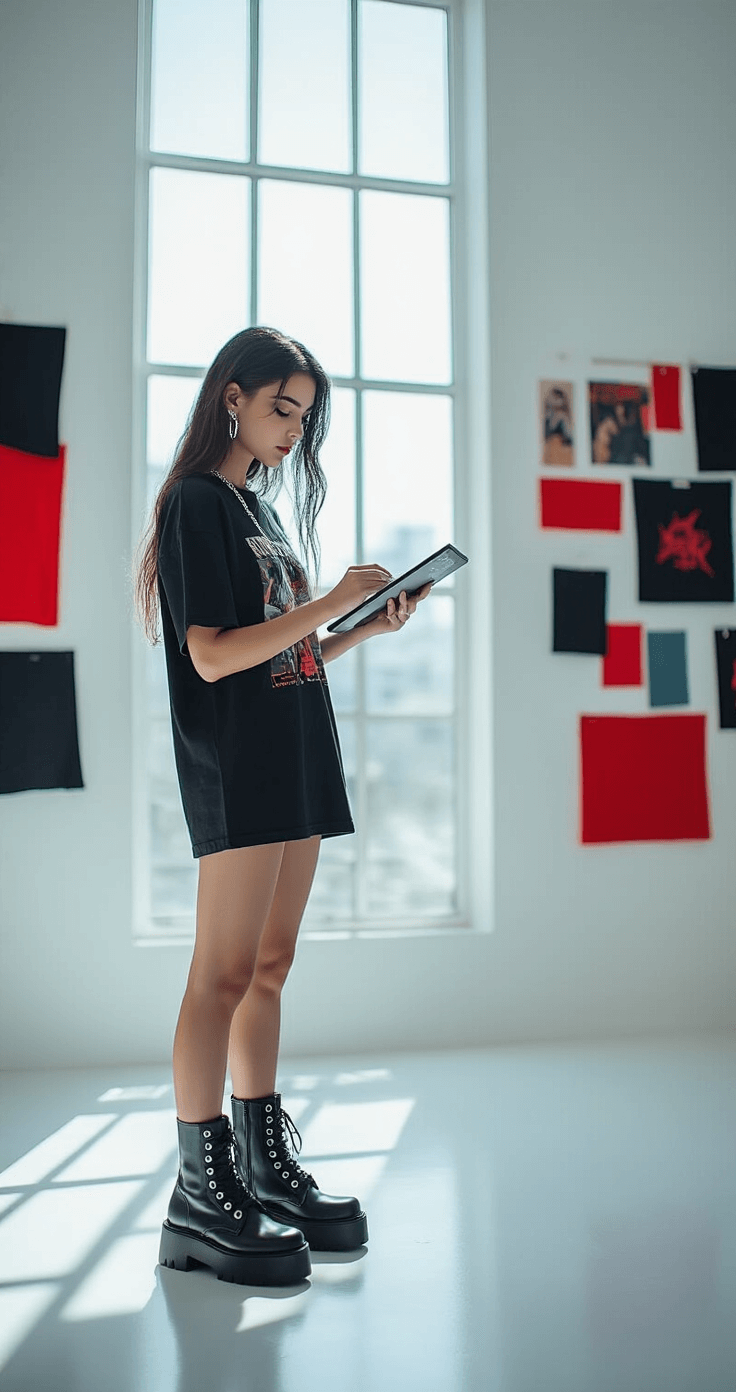 Young female designer with oversized black graphic tee and chunky platform boots works on a digital tablet in a bright, minimalist photography studio. Floor-to-ceiling windows flood the space with natural light, showcasing inspiration walls decorated with dark fabric swatches, red accents, and neon highlights, captured from an eye-level front view with a soft bokeh background.