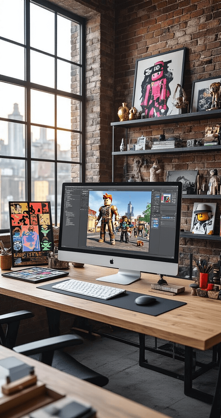 A modern home office featuring an exposed matte black brick wall, metal shelving with Y2K fashion items and alternative culture collectibles. A large monitor displays a Roblox shirt template, while the desk showcases color swatches, a digital drawing pad, and a mood board on scene kid fashion evolution, all illuminated by golden hour light through industrial windows.
