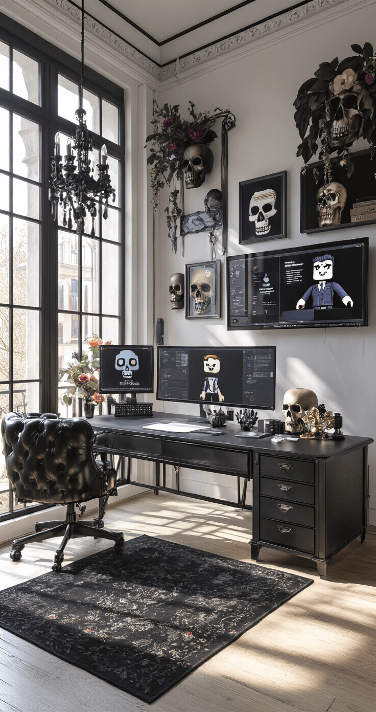 A stylish co-working space with a dark academia aesthetic featuring a vintage leather chair and black metal desk in a fashion designer's corner. Multiple screens display Roblox avatar styling combinations, while decorative skulls, crystal arrangements, and dark floral accents add soft goth elements. Morning light casts dramatic shadows across the workspace, captured from a low angle emphasizing the professional environment.