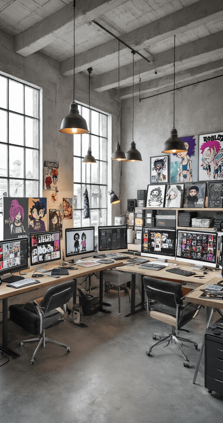 A contemporary loft studio with concrete floors and metal accents features multiple workstations dedicated to digital fashion design, showcasing stages of emo t-shirt design. Wall-mounted monitors display trending Roblox catalogs, while industrial pendant lights illuminate each workspace. The studio is styled with alternative fashion lookbooks and digital art tablets, captured from a wide panoramic angle to encompass the entire creative environment.