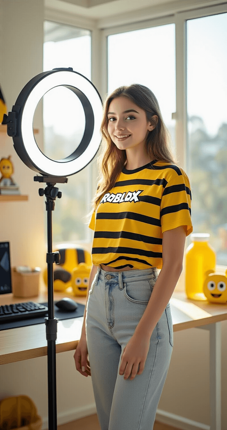 A young female content creator in a bright home studio, wearing a yellow and black striped Roblox Bee t-shirt and high-waisted light wash jeans, stands before a ring light. The space is filled with morning sunlight, showcasing a minimalist desk with gaming peripherals and honey-toned decor.