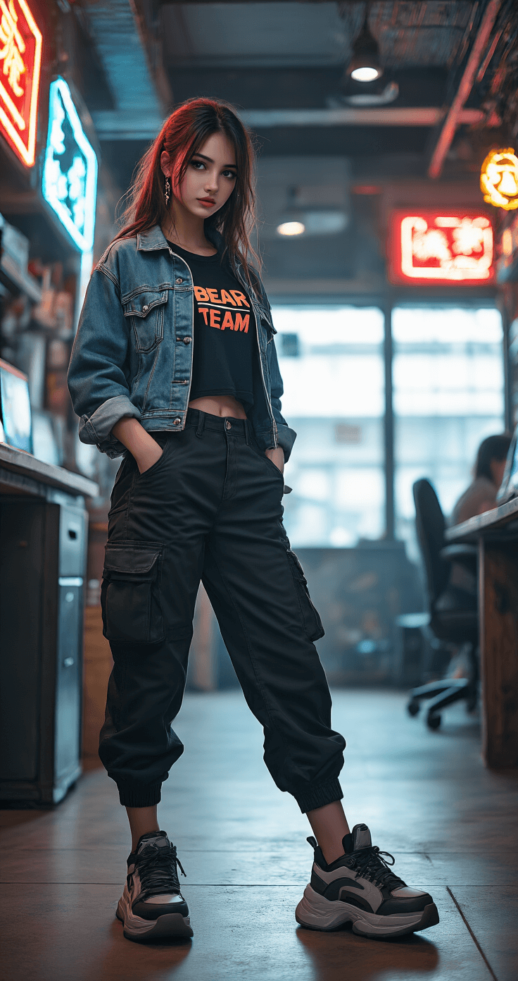 A female gamer in a customized Bear Team t-shirt under a cropped denim jacket and black cargo pants sits in a modern gaming cafe with industrial-chic decor. Neon signs and afternoon sunlight create a warm ambiance, highlighting her chunky sneakers and the vibrant gaming environment.