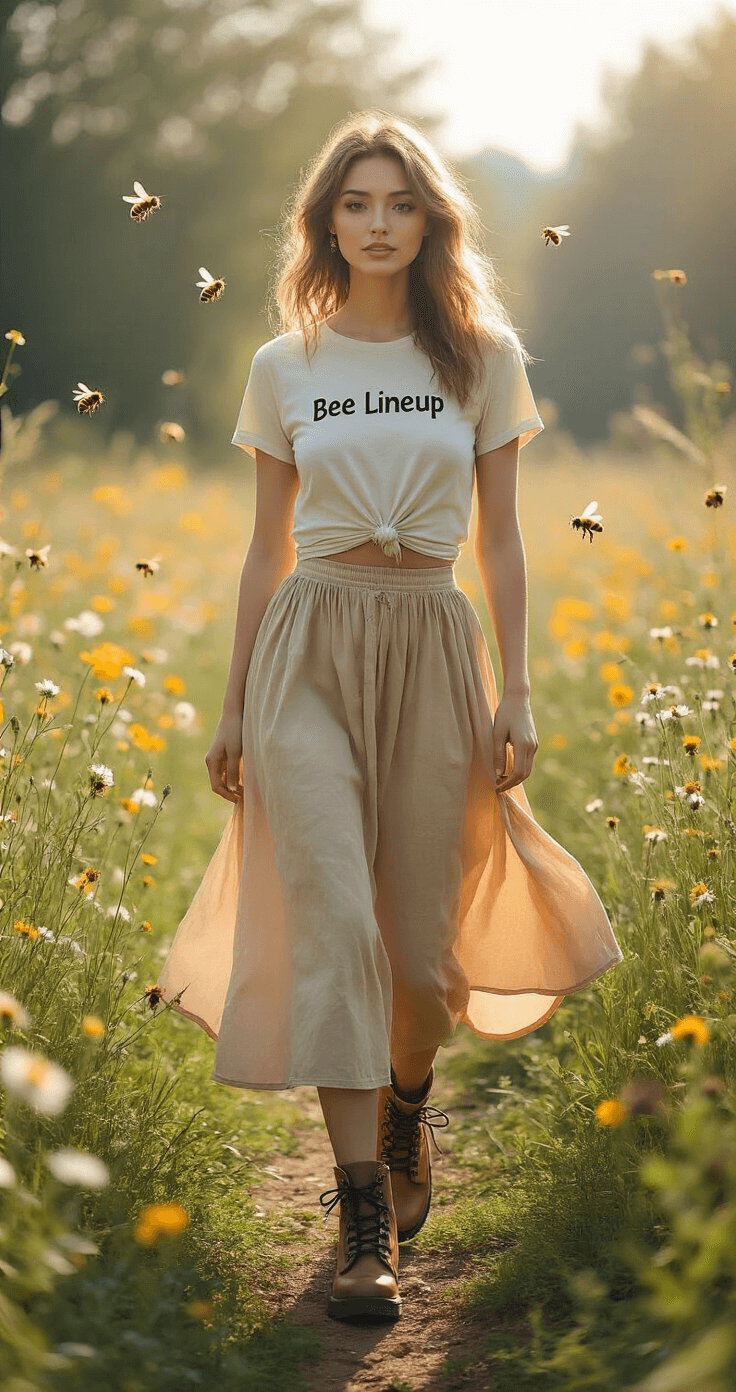 A style blogger in a knotted Bee Lineup t-shirt, flowing midi skirt, and combat boots walks through a sunlit park filled with wildflowers and buzzing bees, with natural lens flare enhancing the vibrant spring atmosphere.