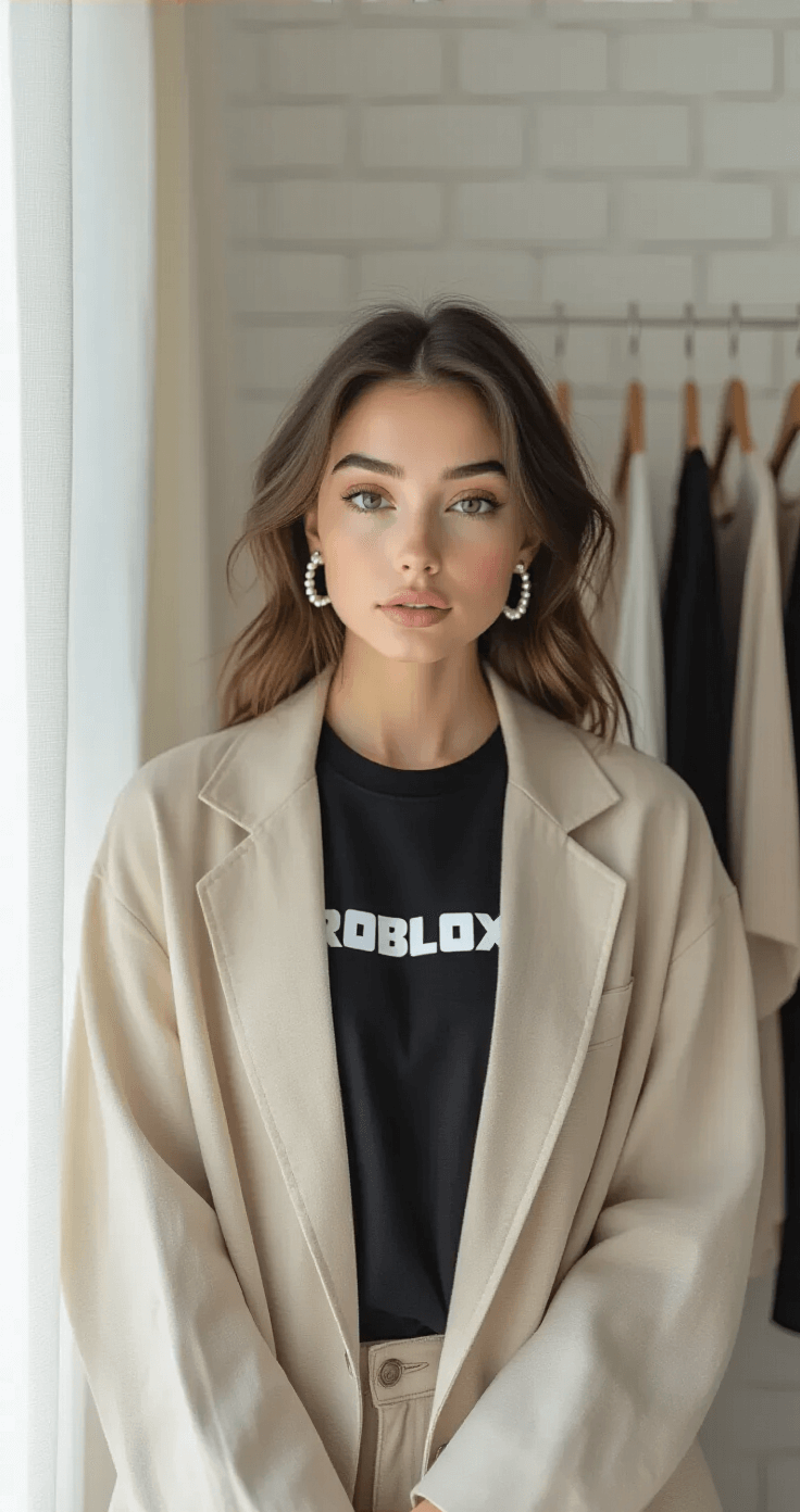 A fashion influencer in a black Roblox t-shirt and oversized beige linen blazer poses in a bright bedroom corner with a white brick accent wall. Morning light filters through sheer curtains, highlighting pearl ear cuffs and minimalist silver rings, while a clothing rack with curated pieces is softly blurred in the background.