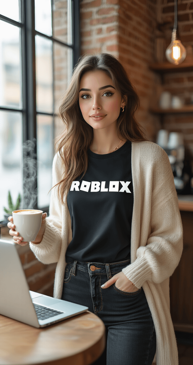 A woman wearing a black Roblox t-shirt, cream cardigan, and dark wash skinny jeans sits in a cozy coffee shop with exposed brick walls. She has delicate rose gold jewelry and minimal makeup, with steam rising from a latte next to her laptop featuring a gaming setup. The scene is illuminated by natural window light, creating a bokeh effect.