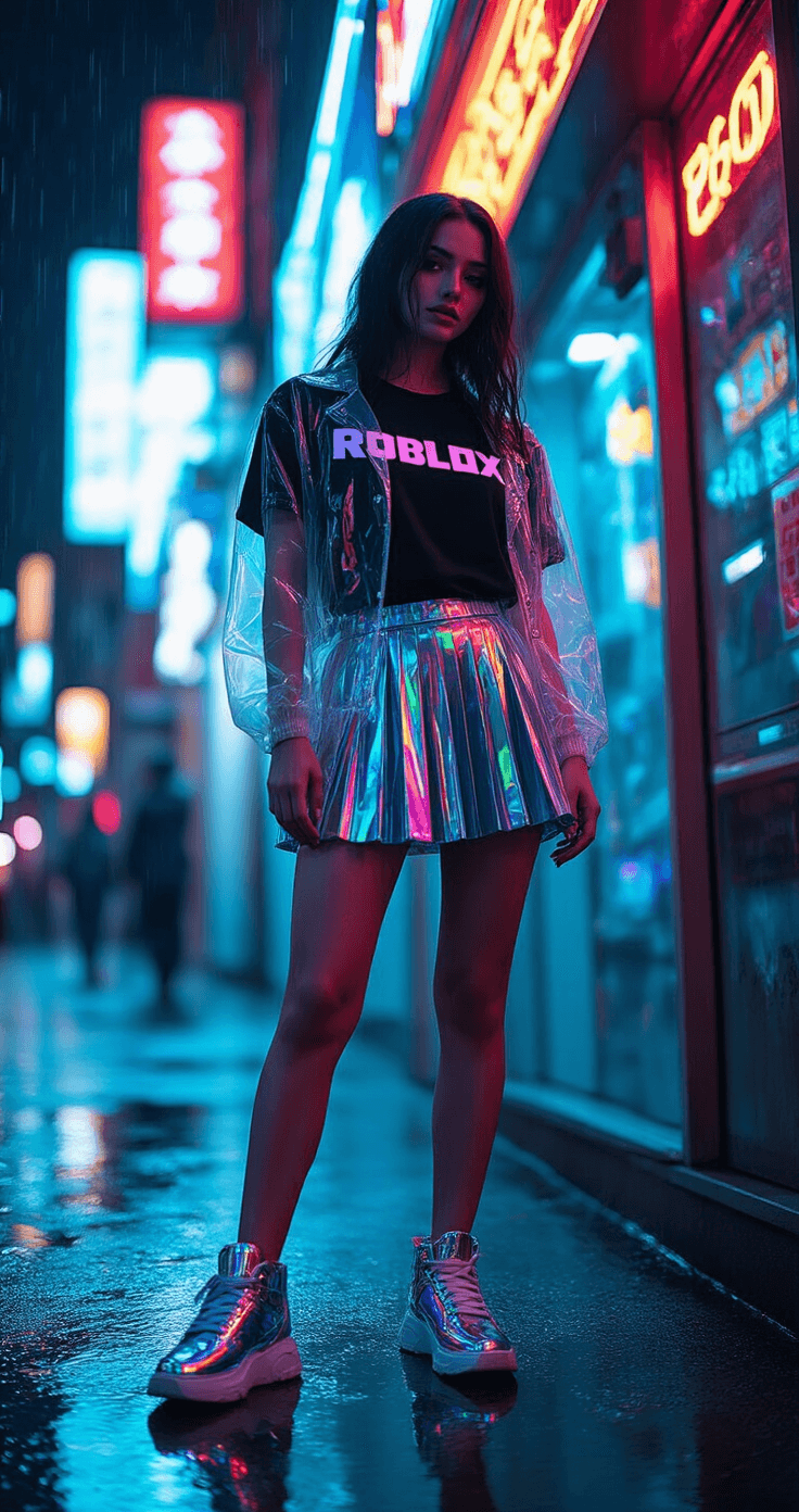 A person in a black Roblox t-shirt beneath a clear vinyl jacket, wearing a metallic pleated midi skirt and holographic sneakers, stands outside a vintage arcade. Neon lighting reflections on rain-slicked streets enhance the cyberpunk aesthetic during blue hour. Shot with a Canon R6 and 35mm lens.