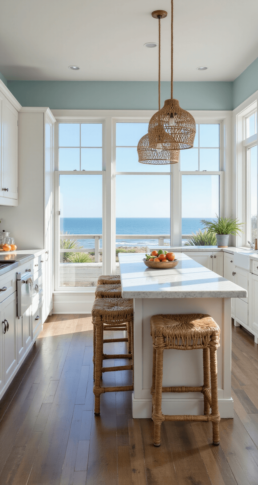 A bright coastal kitchen with floor-to-ceiling windows revealing a beach view, featuring white shaker cabinets, pale blue walls, a large quartz island with rattan bar stools, rope-wrapped pendant lights, and weathered wood flooring, all bathed in midday sunlight.