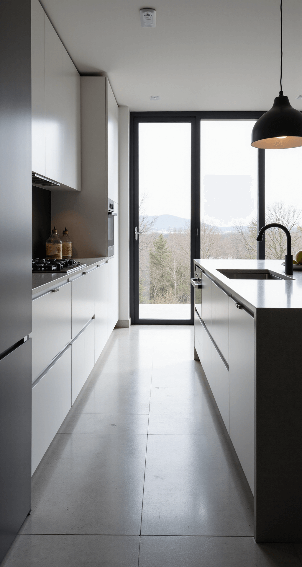 A sleek minimalist kitchen featuring white floor-to-ceiling cabinets, a large picture window, and a monochromatic grey and white color scheme, illuminated by cool morning light. A striking black pendant light hangs above the island, with hidden storage keeping countertops clear. The camera captures the kitchen from a slight elevation, highlighting its modern design and high-contrast lighting.