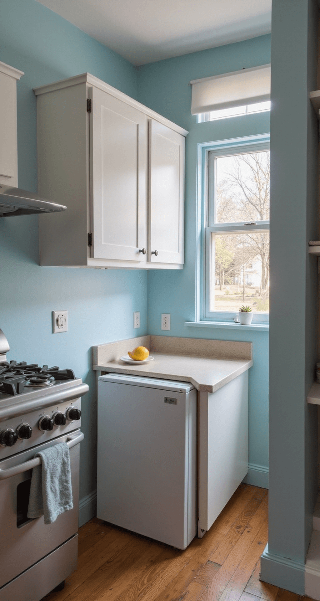 A cozy 3x3 foot kitchen nook featuring a small window above the sink, corner fridge, ceiling-height white cabinets, compact countertop, and soft evening light with light blue walls.
