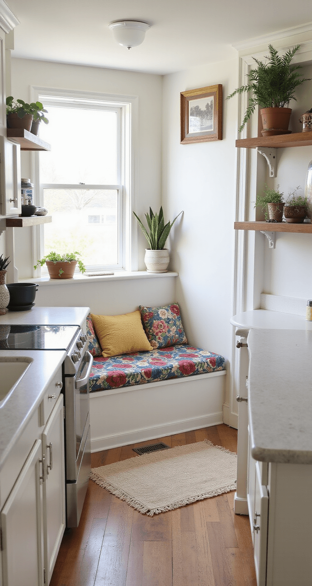 A bright, budget-friendly 4x6 foot kitchen featuring white painted cabinets, open shelving, and a cozy dining nook with a built-in bench and colorful cushions, filled with natural light and adorned with plants and artwork for added personality.