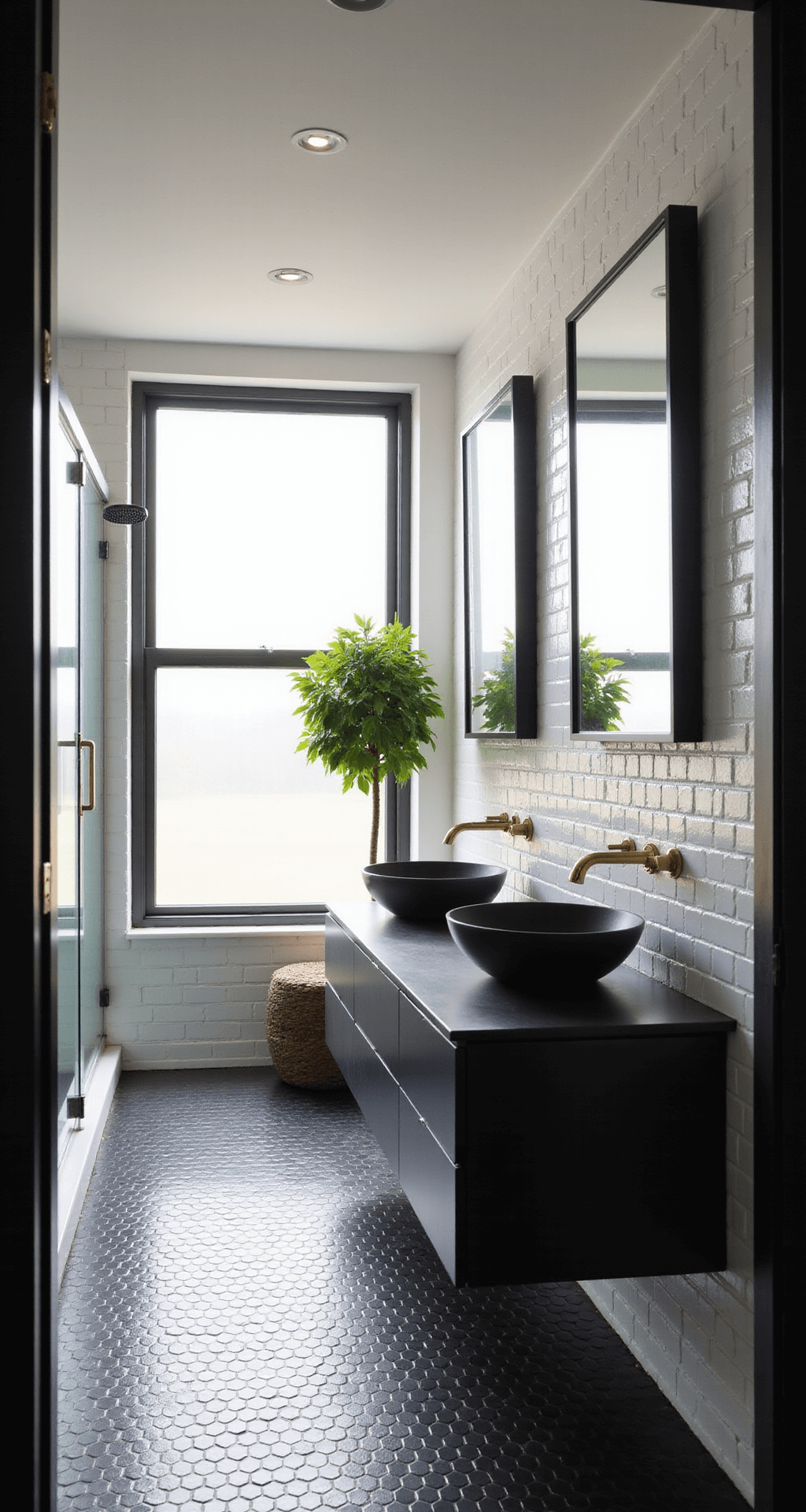 A modern 5x6 bathroom featuring a floating matte black double vanity with vessel sinks, large frosted window allowing morning light, glossy white subway tiles, black hexagon floor tiles, and a glass shower enclosure with a rainfall showerhead, complemented by minimalist brass fixtures and a potted fiddle leaf fig for warmth.