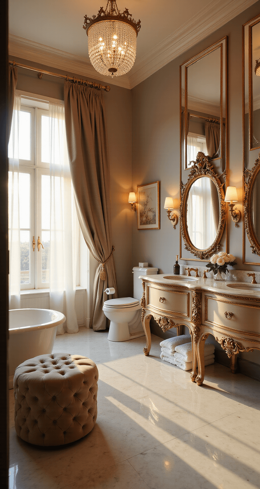 Opulent master bathroom featuring Carrara marble floors, a freestanding oval tub, double vanity with quartzite countertop, and ornate gold-framed mirrors, illuminated by warm golden hour light filtering through sheer curtains. A crystal chandelier casts a soft glow over a tufted velvet ottoman, while a floor-to-ceiling antiqued mirror reflects the space. Plush white towels and fresh peonies add a touch of luxury in this grand, warmly lit scene.
