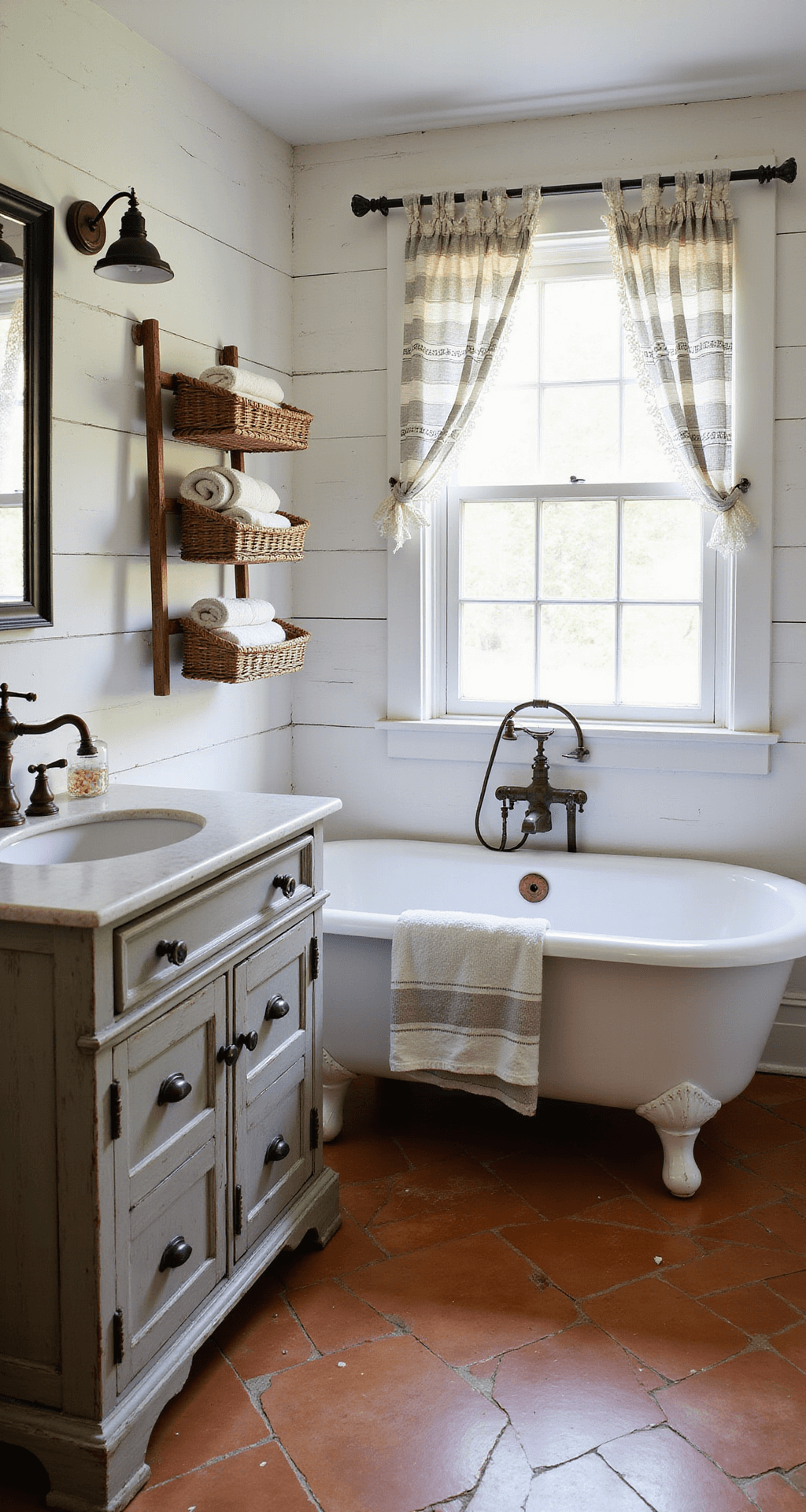 Cozy cottage bathroom with weathered wood vanity, clawfoot tub, and whitewashed shiplap walls, bathed in warm late afternoon light.