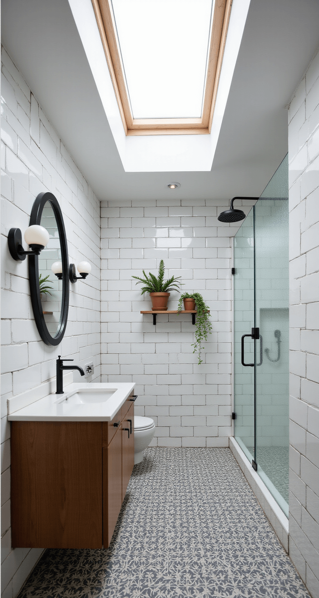 A bright bathroom flooded with sunlight from a skylight, featuring white subway tiles, patterned cement tiles, a floating wood vanity, round mirror with globe sconces, and a glass walk-in shower, accented by potted plants on floating shelves.
