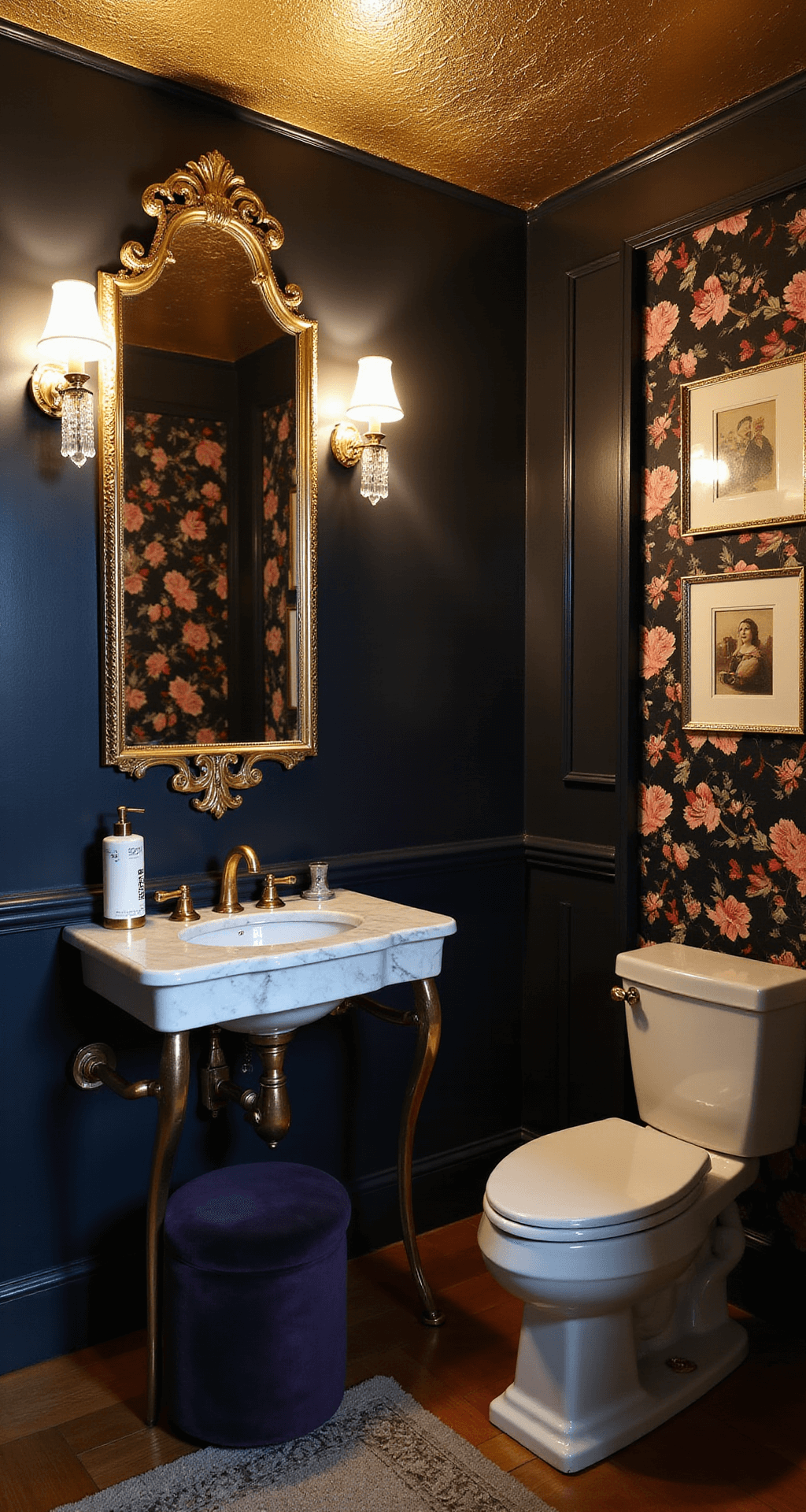A close-up of a luxurious powder room featuring dark navy walls, a gold leaf ceiling, and an antique brass vanity with a marble top, accented by a vintage gold mirror. Warm light from crystal sconces highlights bold floral wallpaper behind a high-tank toilet, while a plush velvet stool and framed antique prints add an eclectic touch.