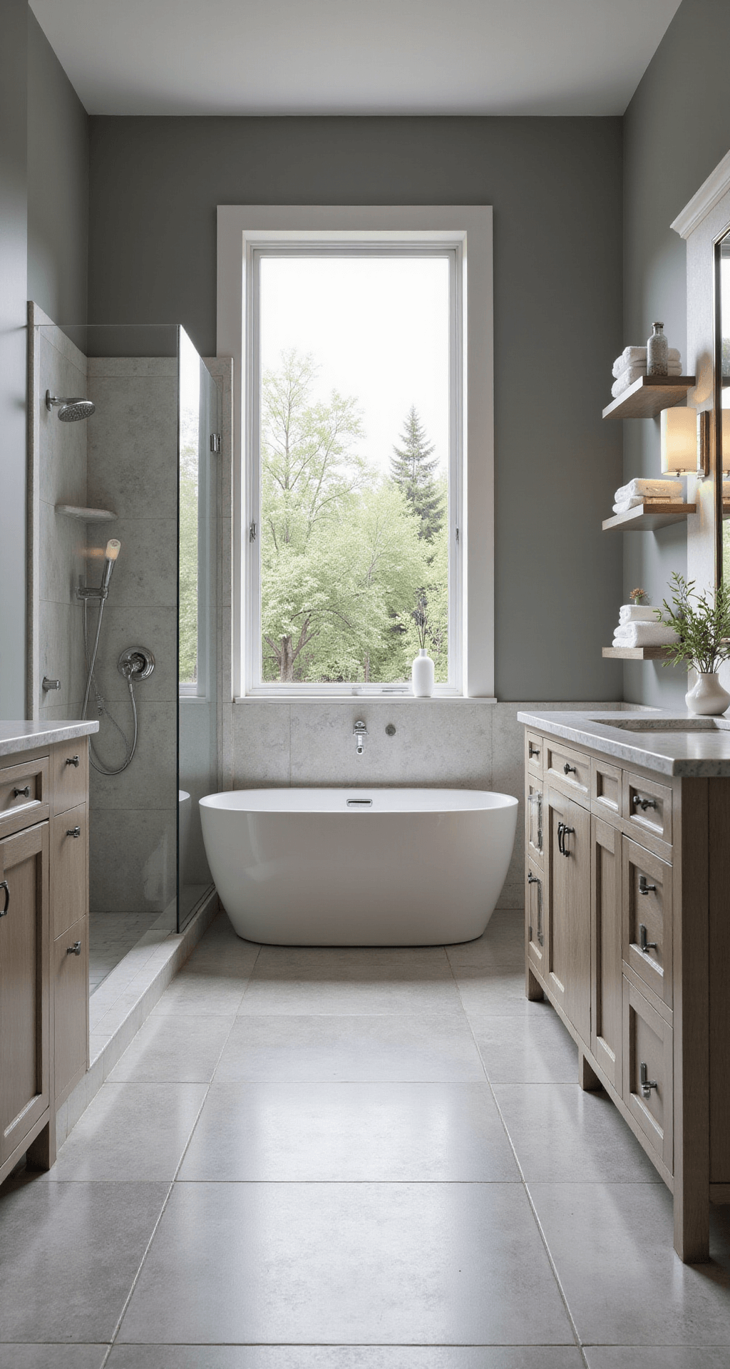 Tranquil spa-inspired bathroom featuring pale gray walls, a freestanding soaking tub by a picture window, double vanity with quartz countertop, walk-in shower with body jets, and floating shelves with towels and diffusers, all illuminated by soft morning light.