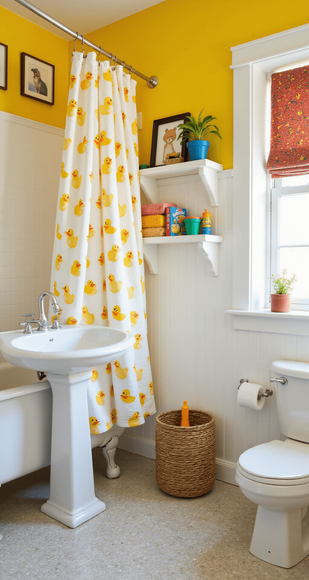 Cheerful family bathroom with sunny yellow walls, white wainscoting, and penny tile floors, featuring a vintage pedestal sink, clawfoot tub with a rubber ducky shower curtain, open shelving with colorful towels and bath toys, and whimsical animal-themed prints.