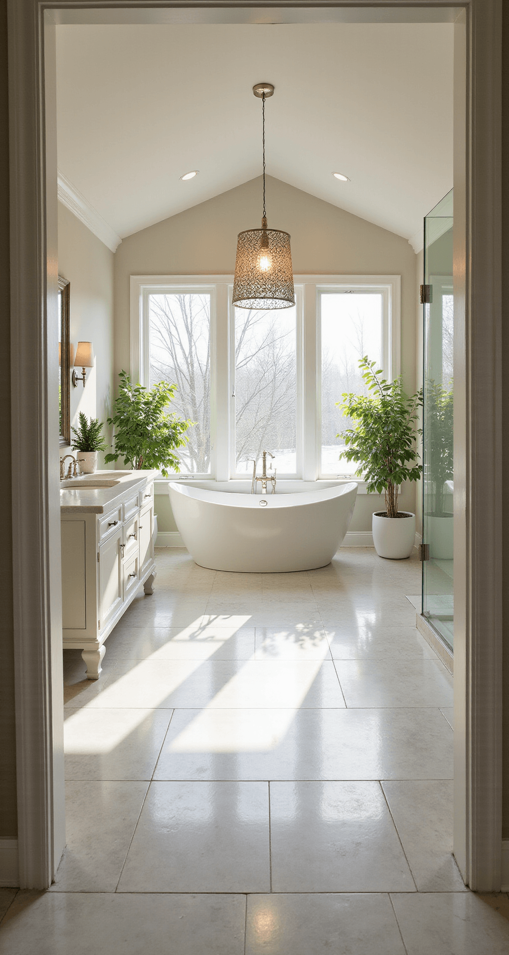 A spacious master bathroom featuring a freestanding oval tub, floating double vanity, glass-enclosed walk-in shower, and large format marble-look tiles, all bathed in soft morning light and decorated with greenery and a modern chandelier.