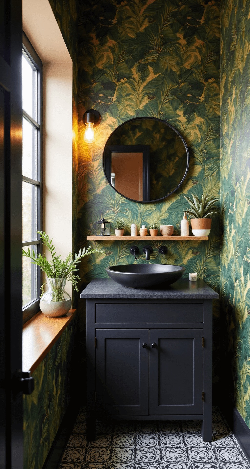 Intimate powder room with high ceilings, featuring a statement vanity with vessel sink, bold tropical wallpaper in emerald and gold, floating wooden shelf with succulents, and intricate black and white patterned tiles, captured in warm golden hour light with dramatic shadows.