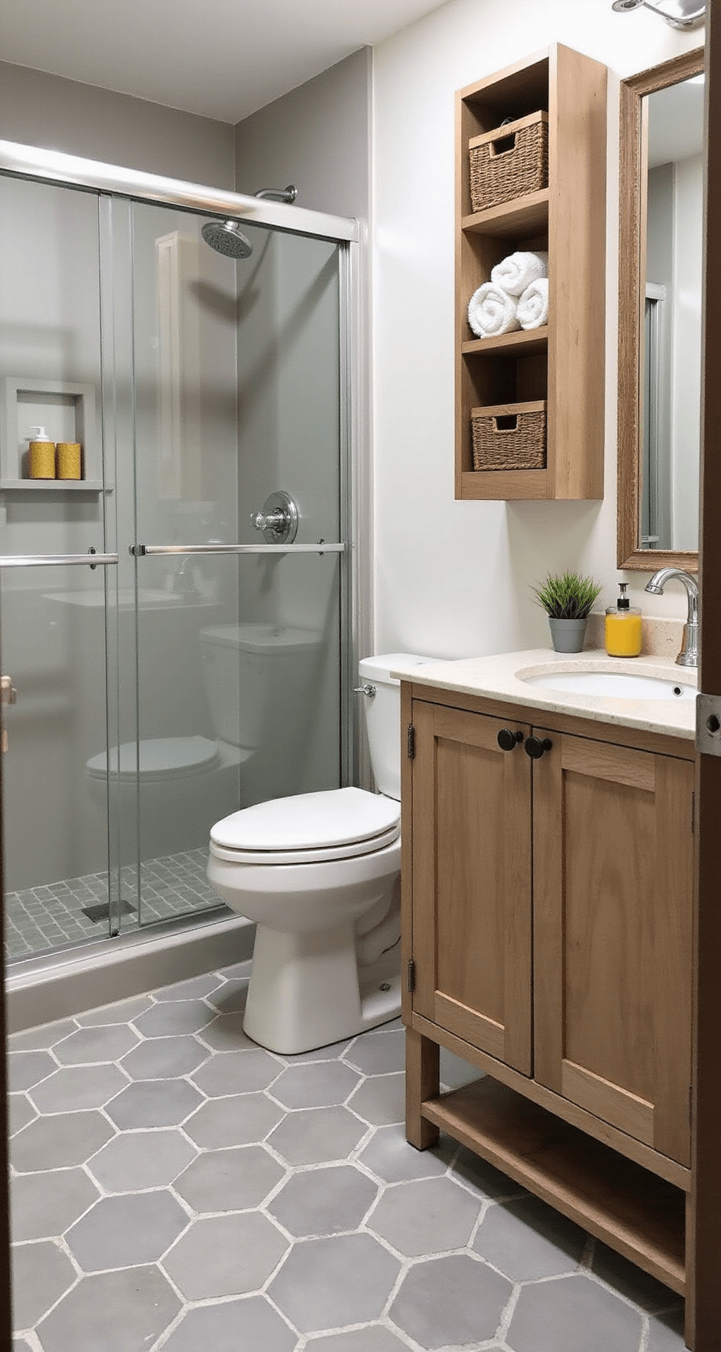 A compact guest bathroom with a glass-enclosed corner shower, wall-mounted toilet, and floating wooden vanity, featuring soft grey tones and pops of mustard yellow. Large mirrors expand the space, complemented by hexagonal floor tiles and vertical storage solutions. Photographed straight-on from the doorway.