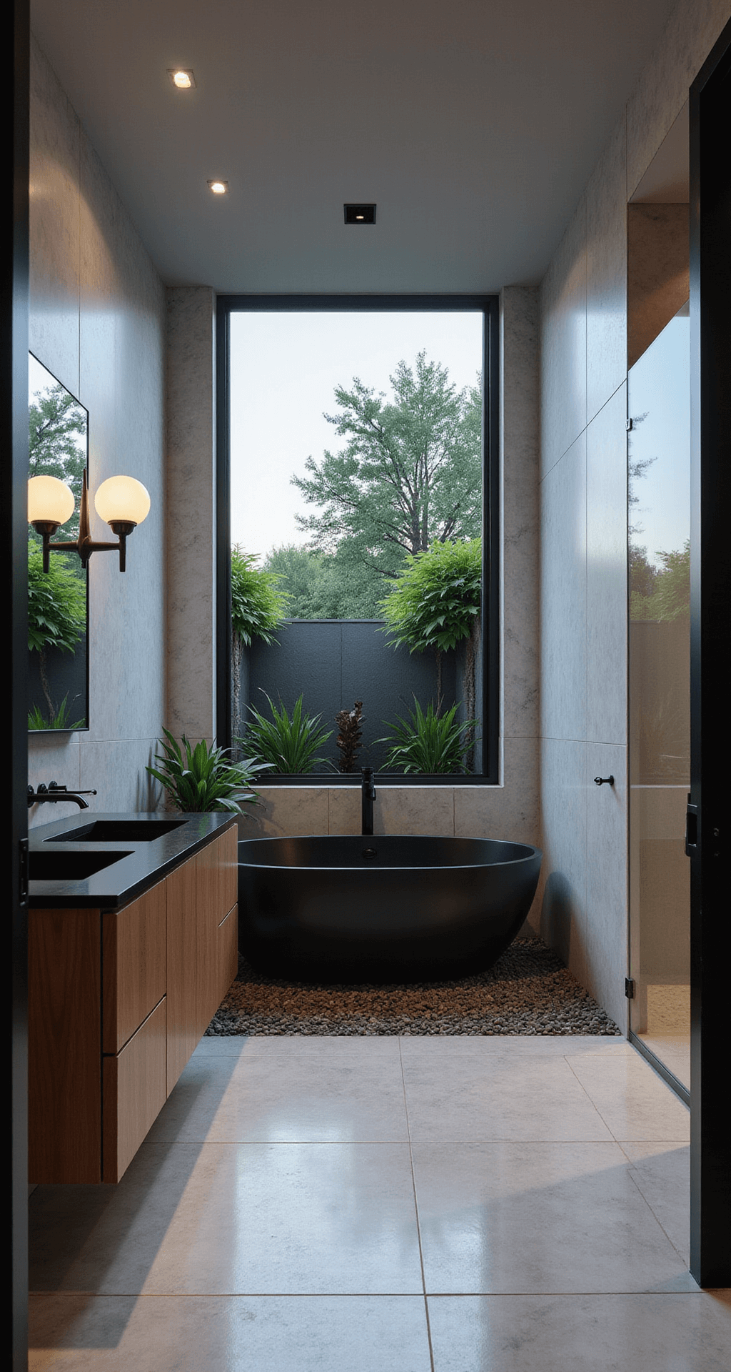 A luxurious en-suite bathroom featuring a Japanese-inspired soaking tub beneath a large window, surrounded by marble tiles, a double vanity with wooden cabinets, and soft lighting creating a moody atmosphere.