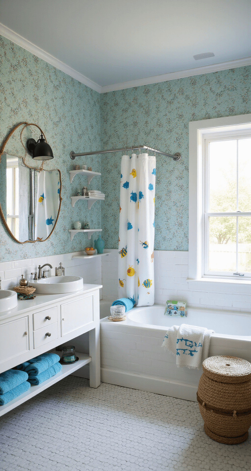 A whimsical kids' bathroom with underwater-themed wallpaper, a ship-shaped double vanity with porthole mirrors, and a colorful fish shower curtain, all in bright midday light.