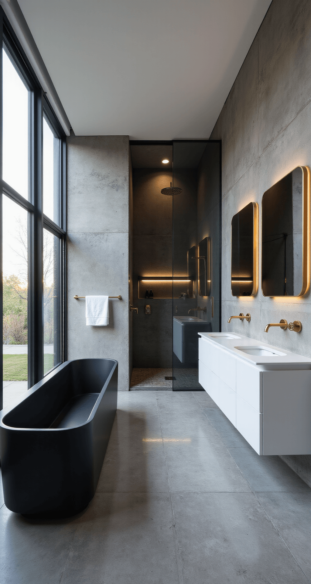 An ultra-modern bathroom with a freestanding matte black tub, floor-to-ceiling smart glass windows, a sleek white floating double vanity, textured concrete wall, smoked glass walk-in shower, brushed gold metal accents, grey geometric tiled floor, and minimalist LED strip lighting, captured from the corner angle.