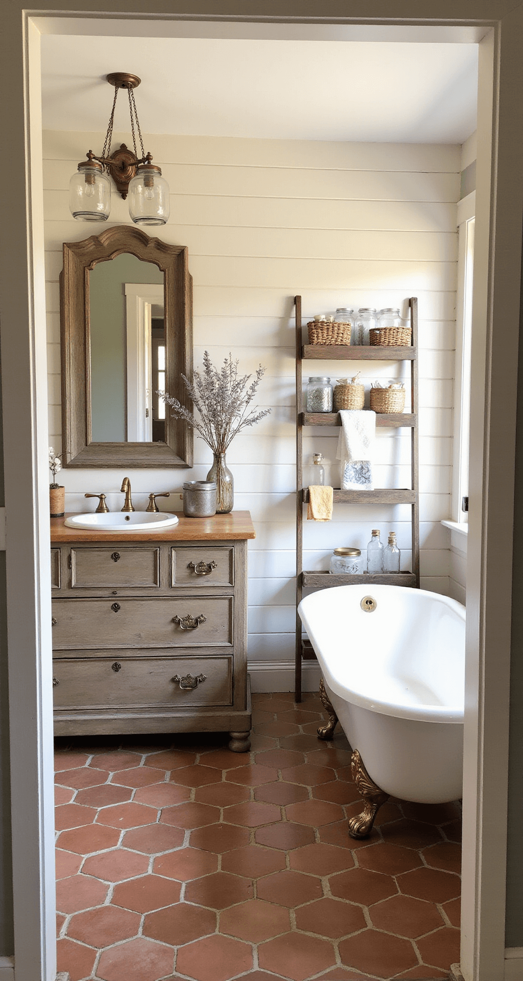 A cozy farmhouse-inspired bathroom with shiplap walls, a clawfoot tub, vintage dresser vanity, and open shelving, all bathed in warm afternoon light.