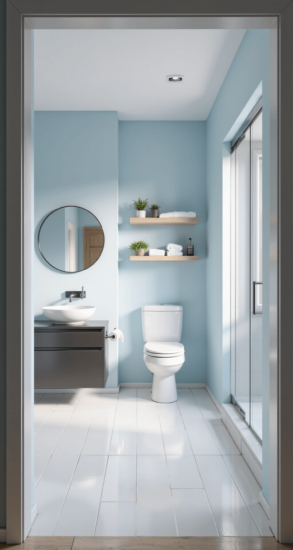 A bright, airy 3x3 Bloxburg bathroom with pale blue walls and white tiles, featuring a corner glass shower, wall-mounted toilet, slim floating vanity with a vessel sink, large round mirror, and decorated with towels and succulents on floating shelves, all bathed in soft morning light.