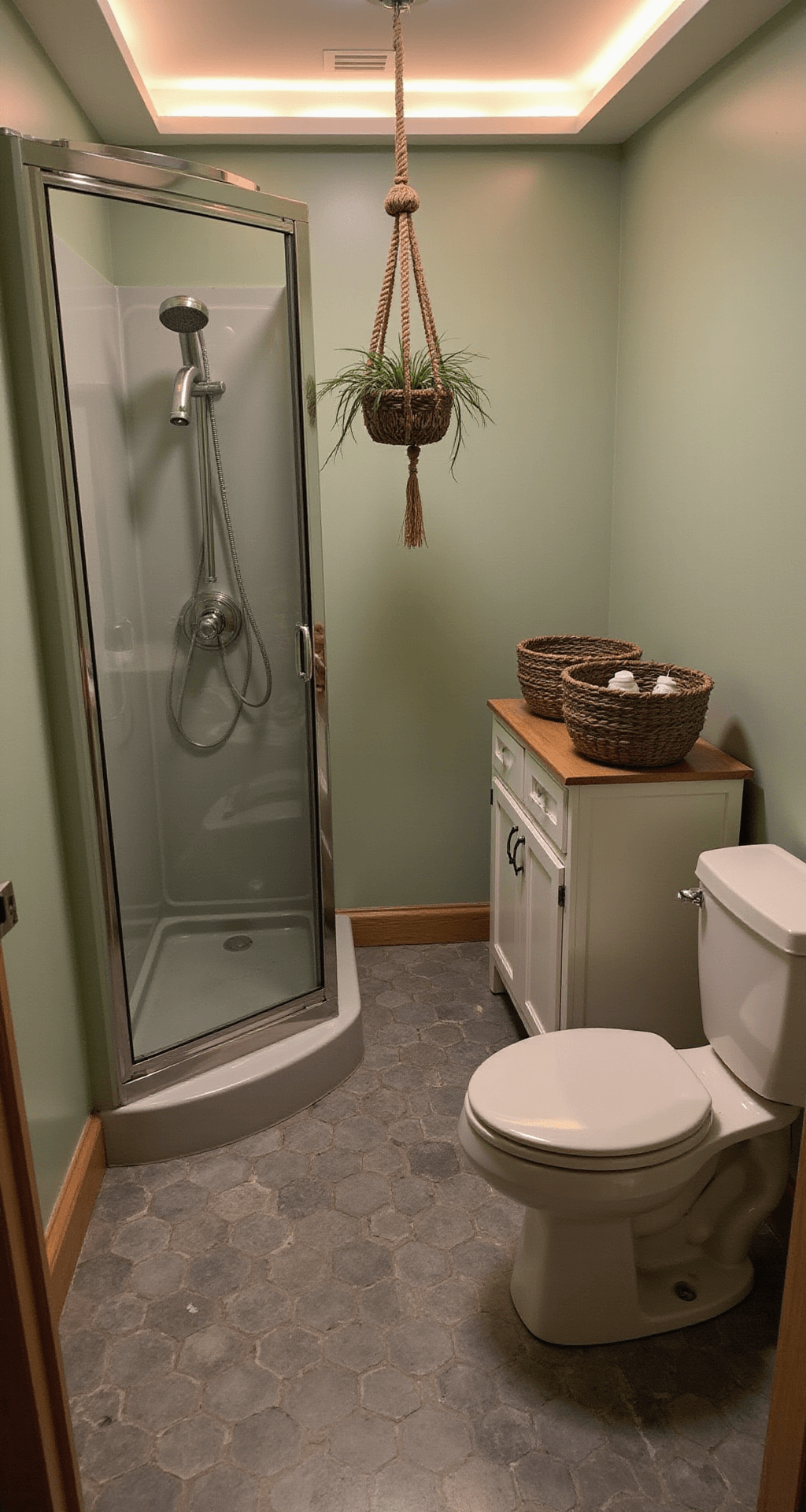 A top-down view of a cozy 3x3 Bloxburg bathroom at dusk, featuring warm LED strip lighting, a corner rainfall shower, a compact toilet, a vintage-inspired pedestal sink, hexagonal gray tiles, light sage green walls, a tall storage cabinet, woven baskets on the toilet tank, and a macramé plant hanger, all creating an inviting atmosphere.