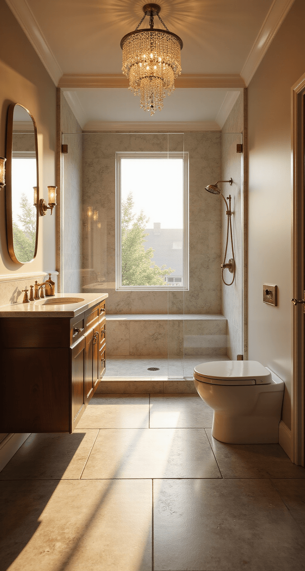 A luxurious 3x3 Bloxburg bathroom during golden hour, featuring a frameless glass shower, wall-hung toilet, floating vanity with backlit mirror, large-format porcelain tiles with metallic sheen, cream walls, brass fixtures, and a crystal chandelier.