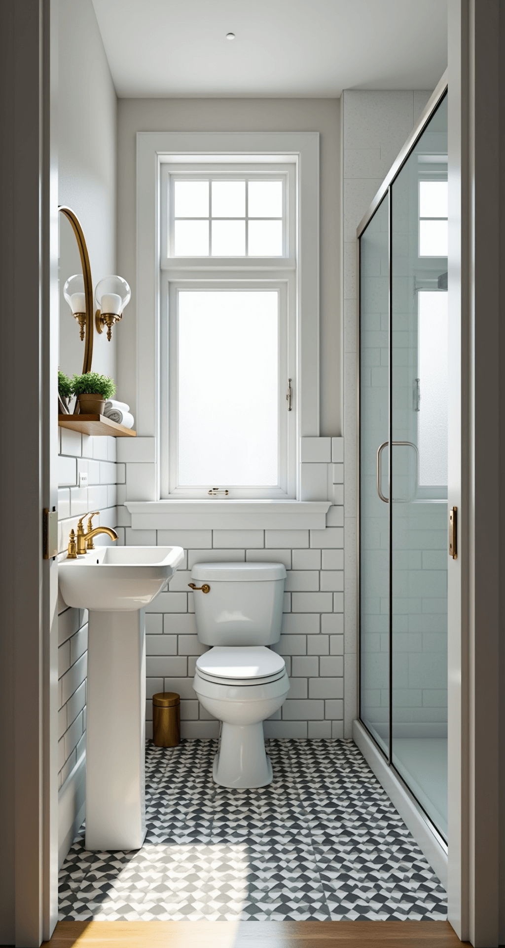 The Perfect 3x2 Bathroom in Bloxburg: Tiny Space, Big Style! A compact 3x2 bathroom illuminated by soft morning light, featuring a pedestal sink, corner toilet, and glass-enclosed shower, all adorned with white subway tiles and a bold geometric floor pattern. A round brass-framed mirror reflects light above the sink, while a floating shelf holds a succulent and rolled towels. The color palette includes white, pale blue, and brass accents.