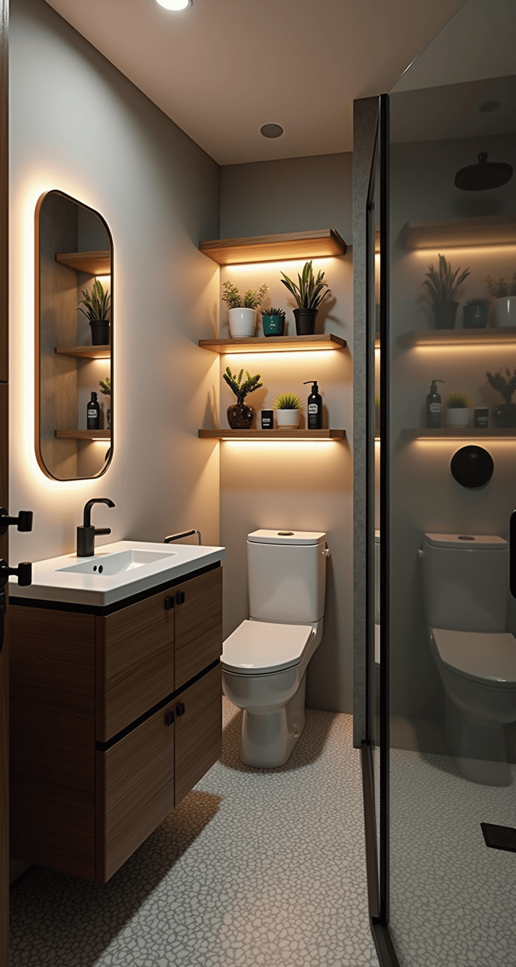 The Perfect 3x2 Bathroom in Bloxburg: Tiny Space, Big Style! A cozy evening scene in a small 3x2 bathroom featuring warm LED lighting, dark wood wall-mounted vanity, frameless glass shower with a matte black rainfall showerhead, patterned grey and white cement tile floor, and artful floating shelves above the toilet.
