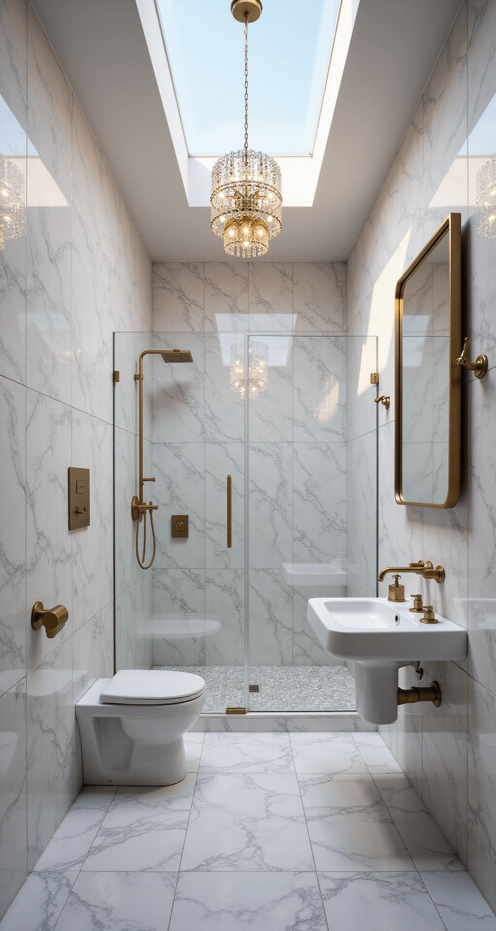 The Perfect 3x2 Bathroom in Bloxburg: Tiny Space, Big Style! A modern, sunlit bathroom featuring a skylight, corner toilet, floating sink, curbless shower with glass partition, and marble-effect tiled walls, accented by a chandelier and gold-toned fixtures, captured from a low angle highlighting the luxurious space.