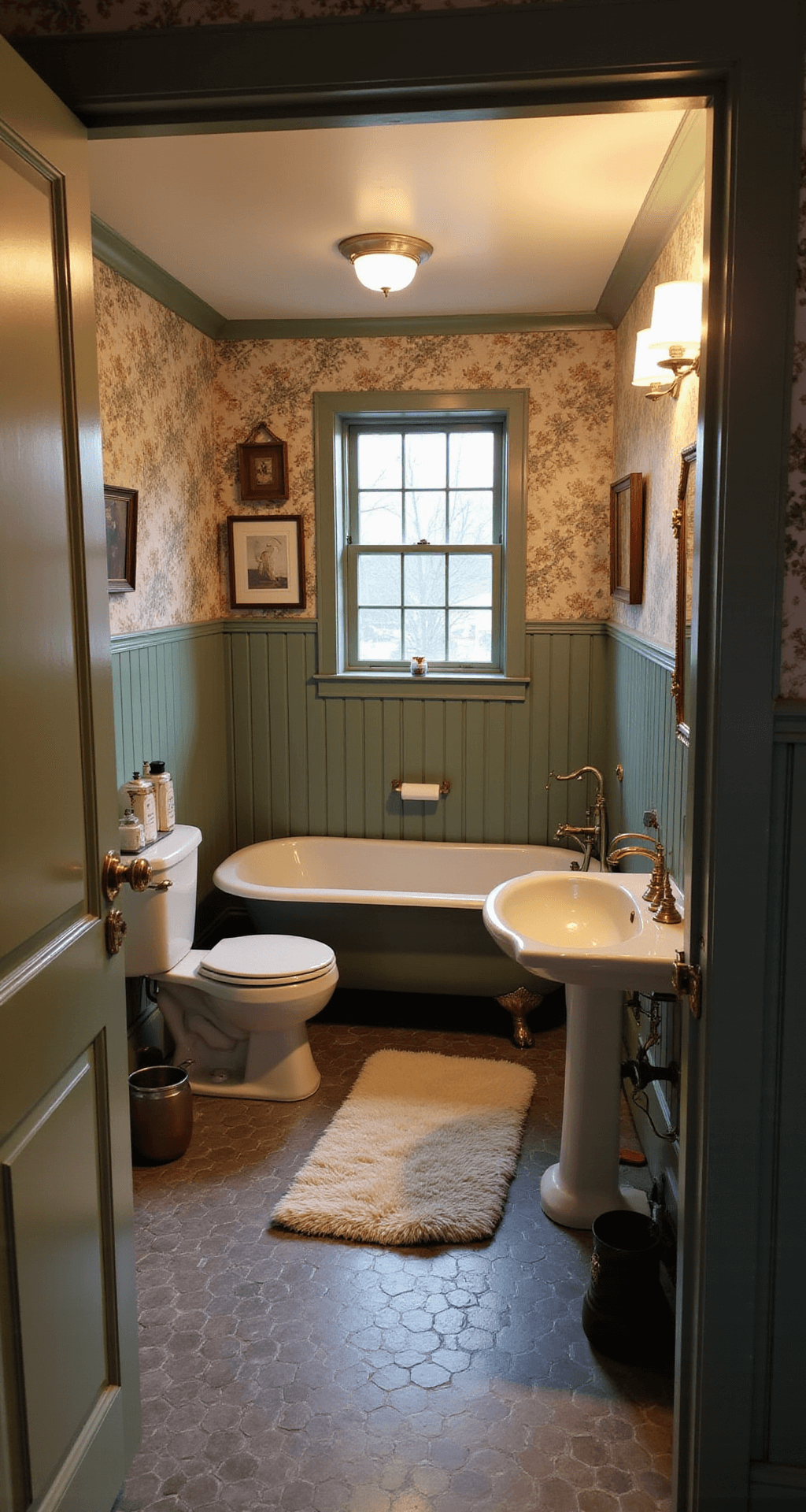 The Perfect 3x2 Bathroom in Bloxburg: Tiny Space, Big Style! A cozy 3x2 bathroom at twilight, featuring a clawfoot tub, compact toilet, and pedestal sink, all illuminated by vintage sconces. Walls adorned with sage green beadboard wainscoting and floral wallpaper enhance the vintage charm, complemented by weathered brass fixtures and a plush cream sherpa bath mat on honeycomb tile. Antique perfume bottles and artwork add character, with soft, warm lighting creating a nostalgic ambiance.