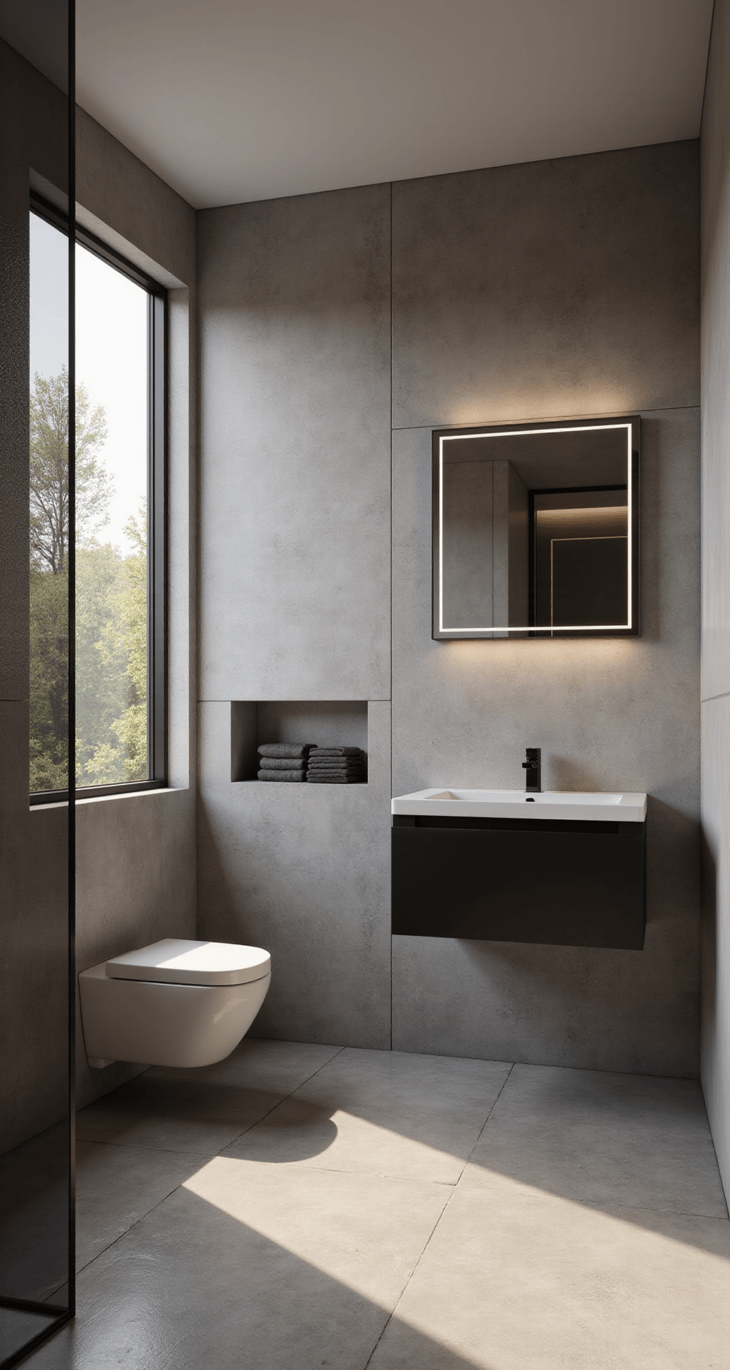 The Perfect 3x2 Bathroom in Bloxburg: Tiny Space, Big Style! A modern 3x2 bathroom featuring a wall-hung toilet, a floating vanity with an integrated sink, and a walk-in shower, all bathed in late afternoon sunlight filtering through a slim window. The space showcases large-format concrete-effect tiles, a backlit mirror, and a monochromatic color scheme of warm greys and black accents, with neatly folded towels in a recessed niche.