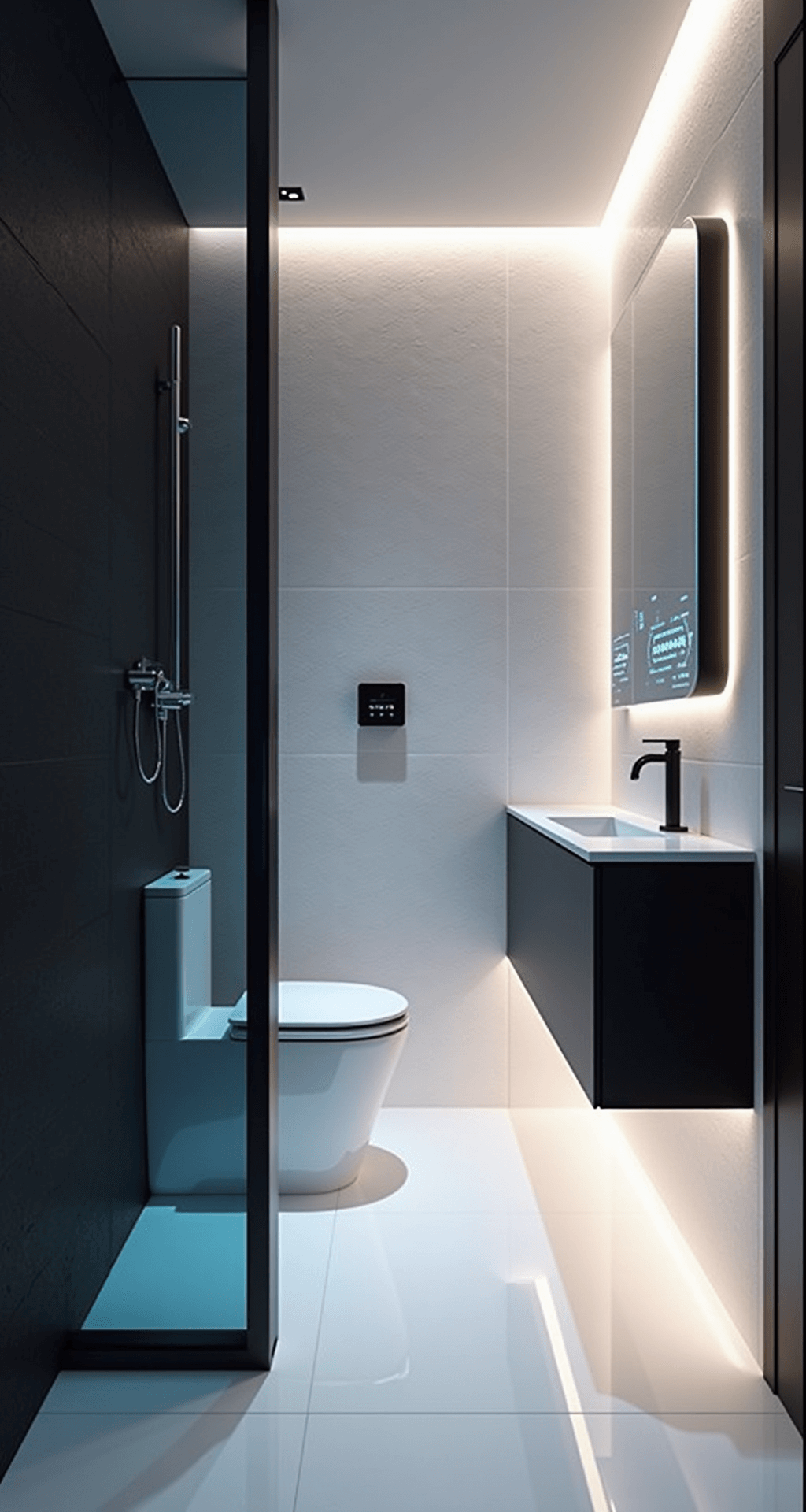 The Perfect 3x2 Bathroom in Bloxburg: Tiny Space, Big Style! A sleek ultra-modern bathroom featuring color-changing LED strips, a smart toilet, wall-mounted sink with touchless faucet, doorless walk-in shower, and floating black vanity, all illuminated to emphasize high-tech features against white textured porcelain tiles.
