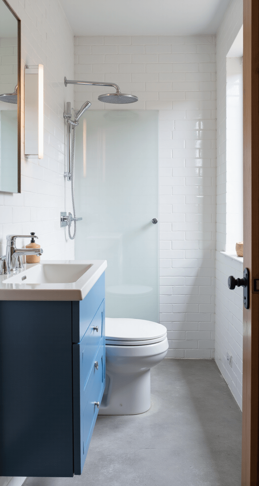 A modern minimalist bathroom with white subway tile walls, a Cadet Blue floating vanity, and a wall-mounted toilet facing a glass shower, illuminated by soft morning light.