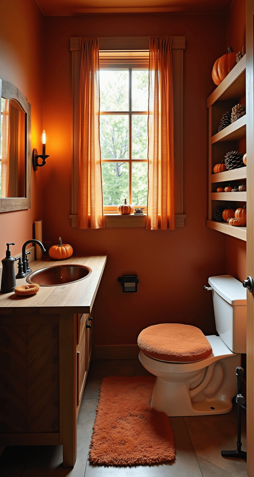 A cozy fall-inspired bathroom featuring terracotta walls, a rustic wood vanity with a copper sink, and decorative gourds on shelving, all illuminated by warm afternoon sunlight.