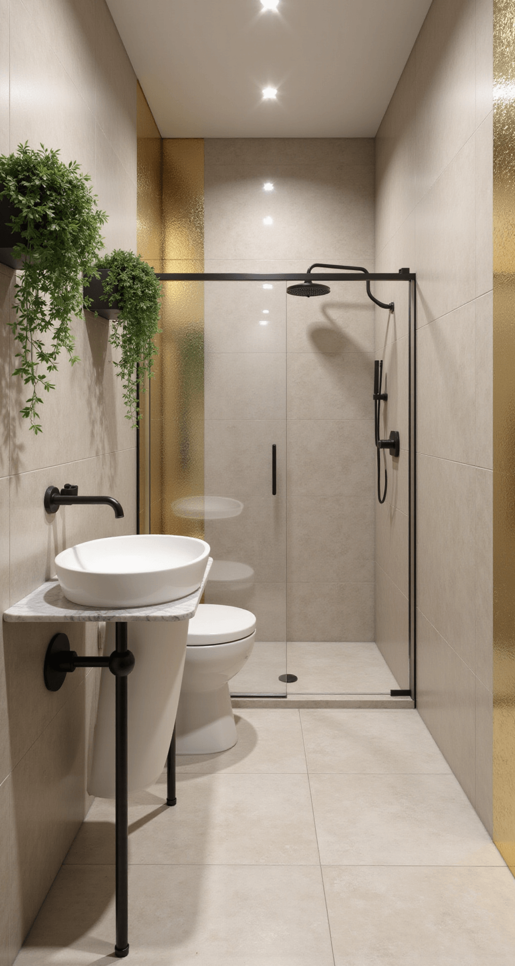 Elegant 3x2 bathroom with a freestanding oval basin, frameless glass shower, lush green plants, and custom gold leaf decals on the accent wall, featuring cream porcelain tile flooring and soft recessed lighting.