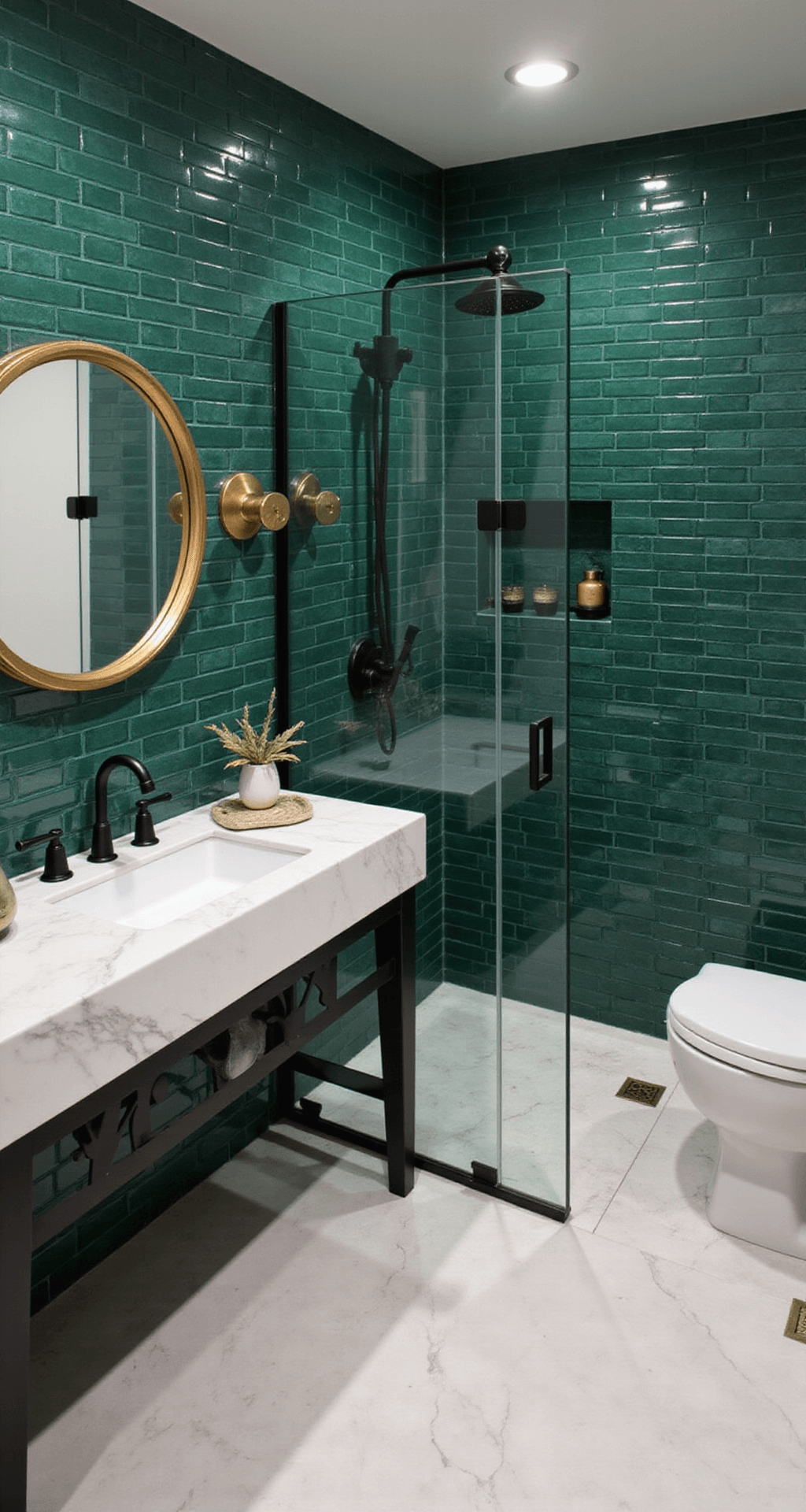 Luxurious 3x2 bathroom with emerald green subway tile feature wall, round gold-framed mirror, matte black fixtures, white marble countertops and flooring, glass shower partition, and dimmable LED mood lighting.