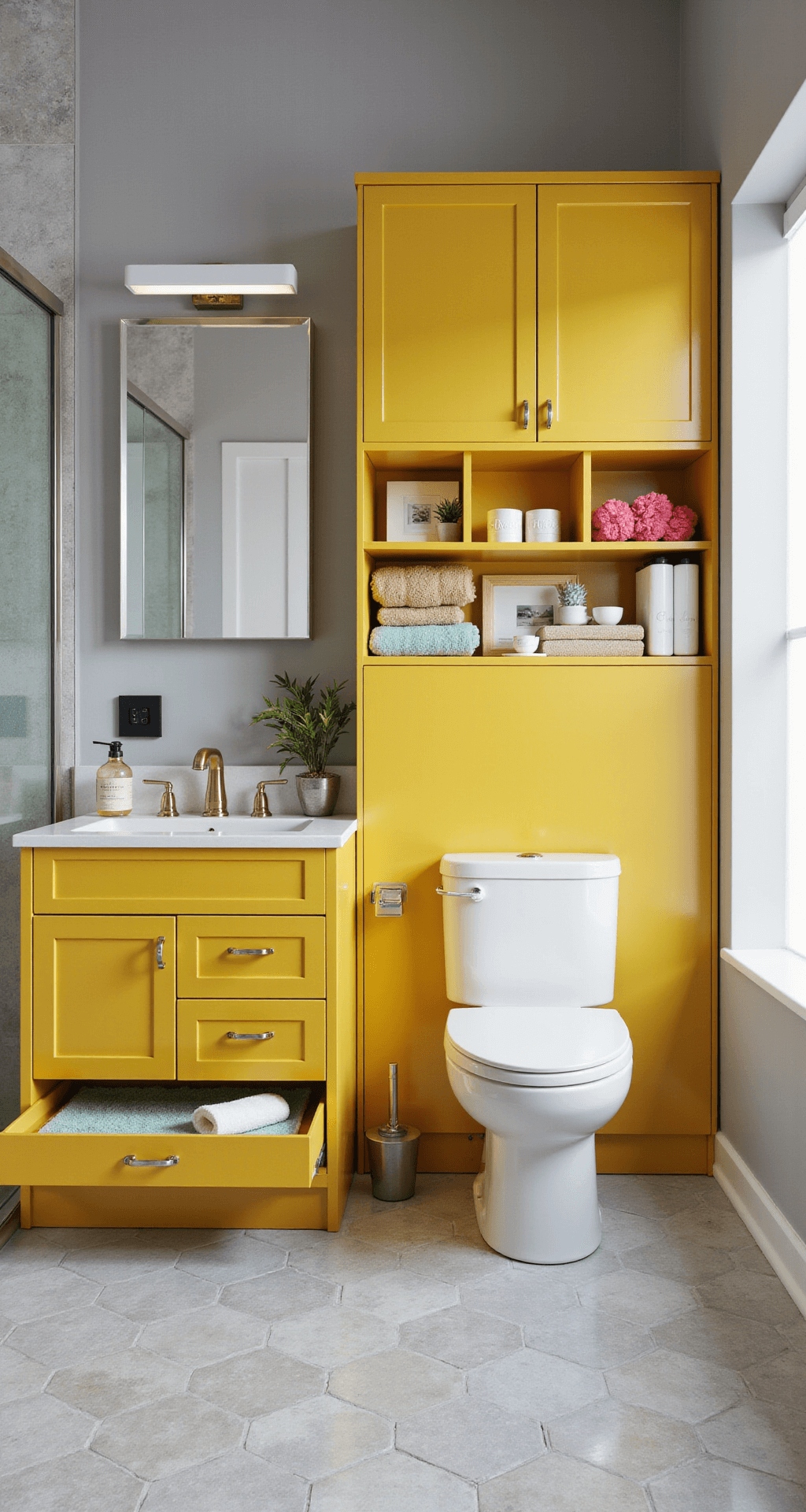 A compact 3x2 bathroom featuring a vibrant yellow vanity with drawers and a pull-out step stool, open shelving with colorful towels, a corner shower unit with clear glass, and a slim cabinet above the toilet, all set on large light gray hexagonal floor tiles.