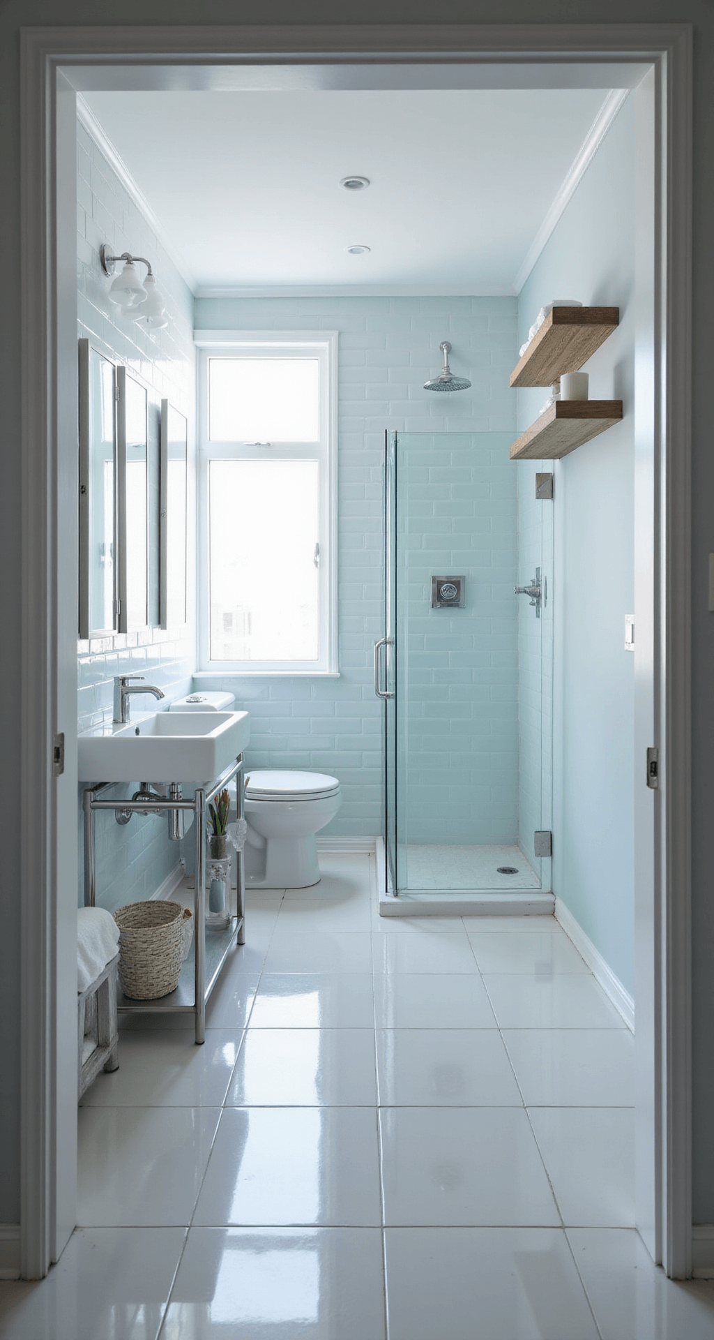Bright and airy 3x2 bathroom featuring a large window, multiple mirrors, corner sink and toilet, glass shower stall, floating shelves, and a white and light blue color scheme with glossy subway tiles and large format floor tiles, captured in a wide-angle shot from the doorway.